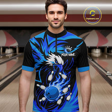 Load image into Gallery viewer, Man wearing black and blue flame eagle bowling quarter zip shirt front view.