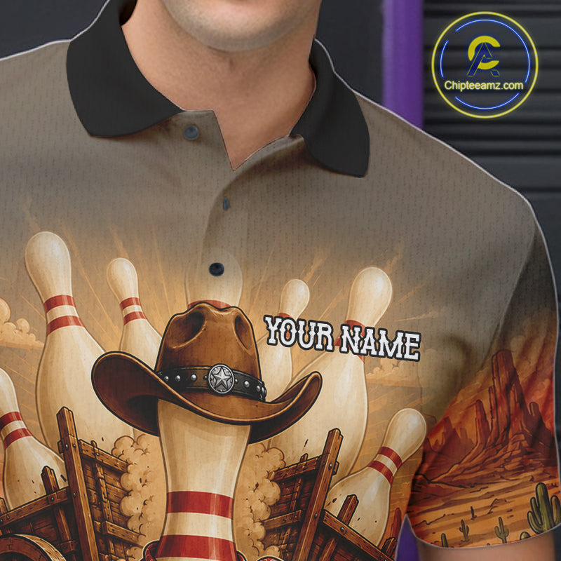 Close up of funny cowboy bowling polo shirt collar, buttons and chest design.