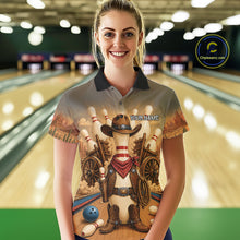 Load image into Gallery viewer, Woman wearing funny cowboy bowling polo shirt front view.
