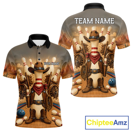 Funny cowboy bowling team polo shirt for men.