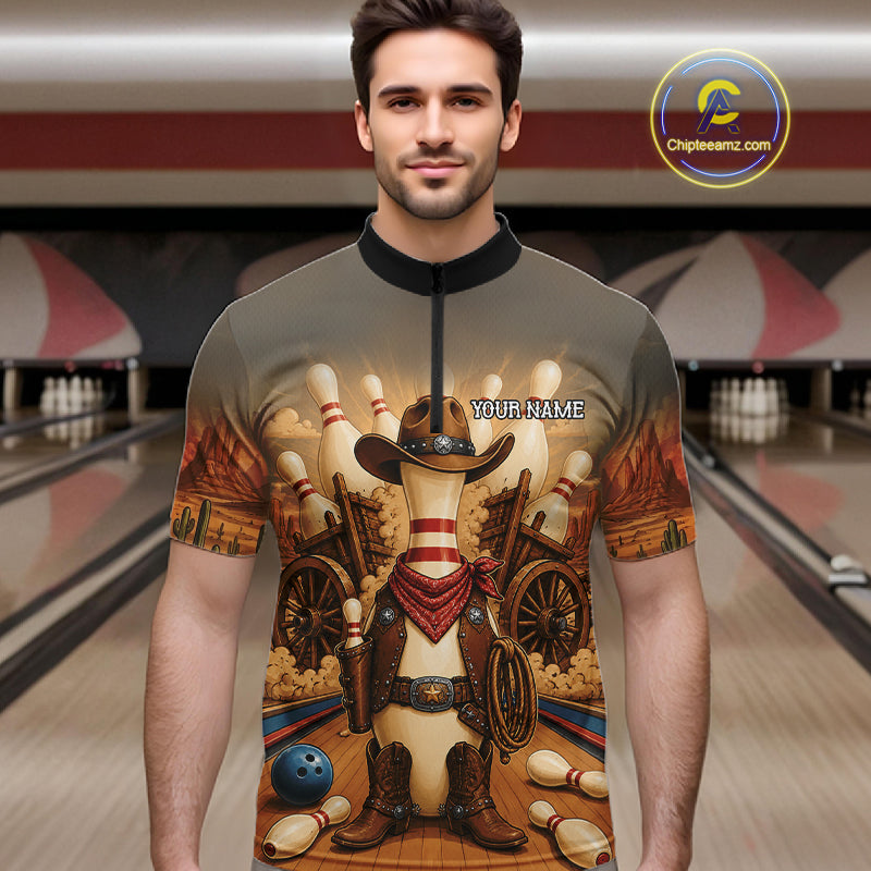 Man wearing funny cowboy bowling quarter zip shirt front view.