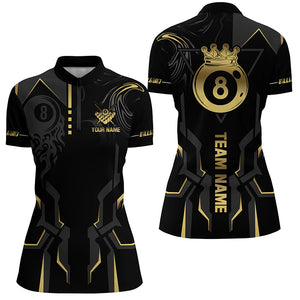 Customized 8 Ball Pool Crown Women Billiard Shirts, Gold And Black Billiard Team Shirts, Pool Jerseys TDM2645