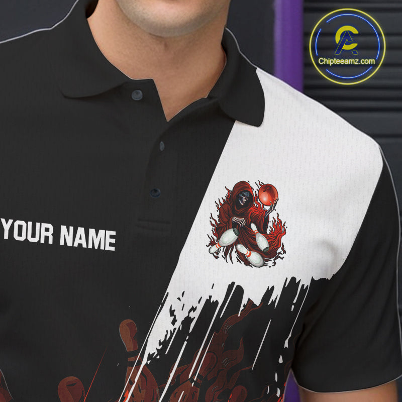 Black And Orange Lightning Grim Reaper Skull Bowling Shirts For Men Custom Bowling Team Jersey TDM7746