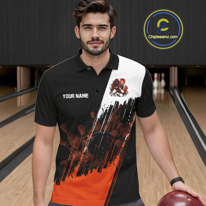 Black And Orange Lightning Grim Reaper Skull Bowling Shirts For Men Custom Bowling Team Jersey TDM7746