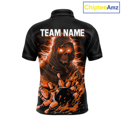 Black And Orange Lightning Grim Reaper Skull Bowling Shirts For Men Custom Bowling Team Jersey TDM7746