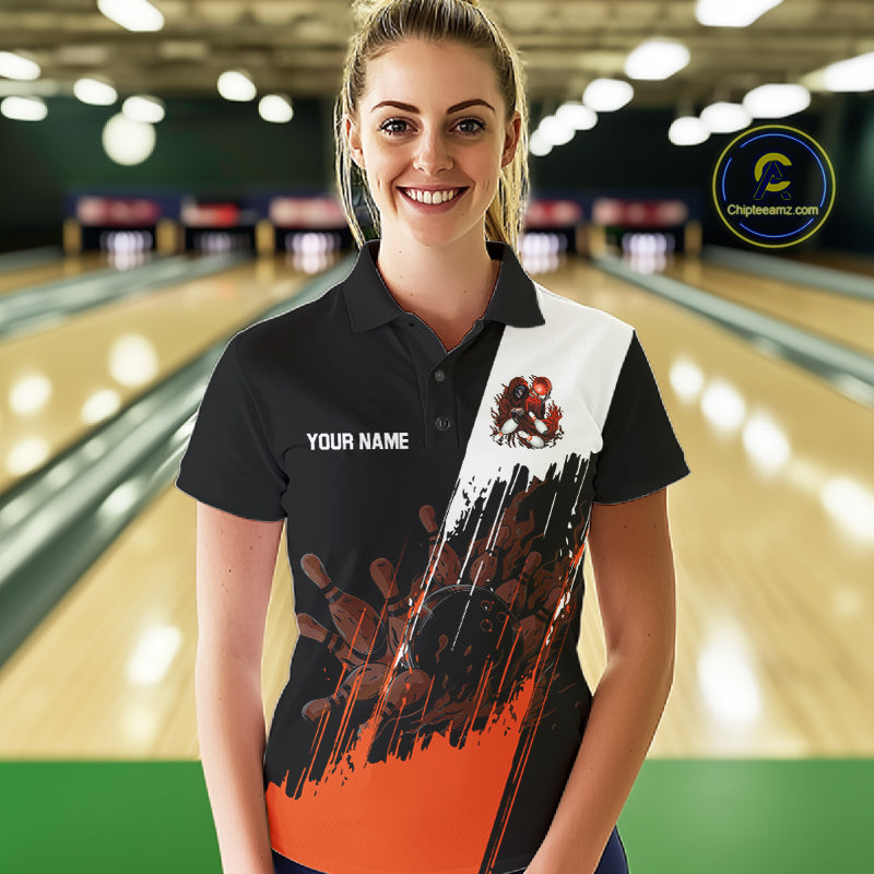 Black And Orange Lightning Grim Reaper Skull Bowling Shirts For Women Custom Bowling Team Jersey TDM7746