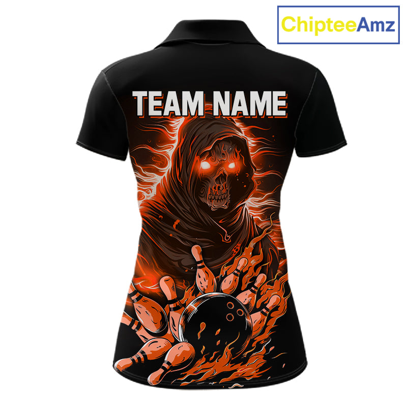 Black And Orange Lightning Grim Reaper Skull Bowling Shirts For Women Custom Bowling Team Jersey TDM7746