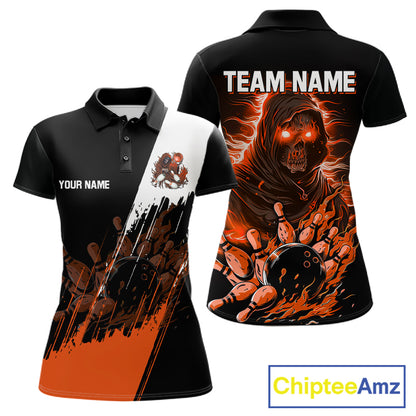 Black And Orange Lightning Grim Reaper Skull Bowling Shirts For Women Custom Bowling Team Jersey TDM7746