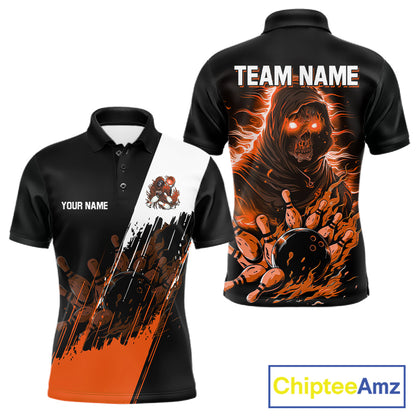 Black And Orange Lightning Grim Reaper Skull Bowling Shirts For Men Custom Bowling Team Jersey TDM7746