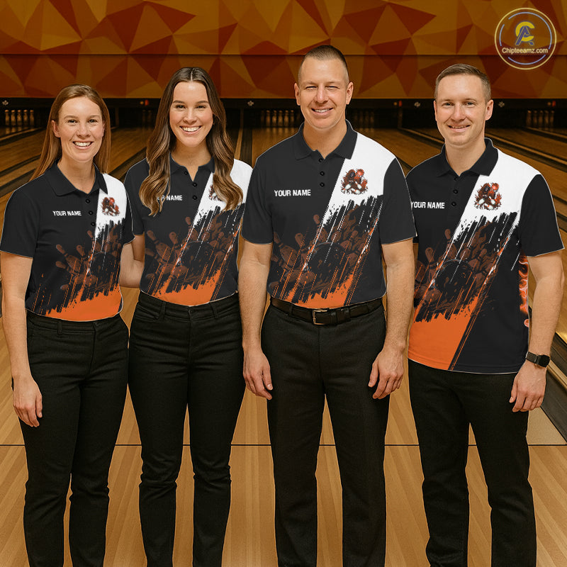 Black And Orange Lightning Grim Reaper Skull Bowling Shirts For Men Custom Bowling Team Jersey TDM7746