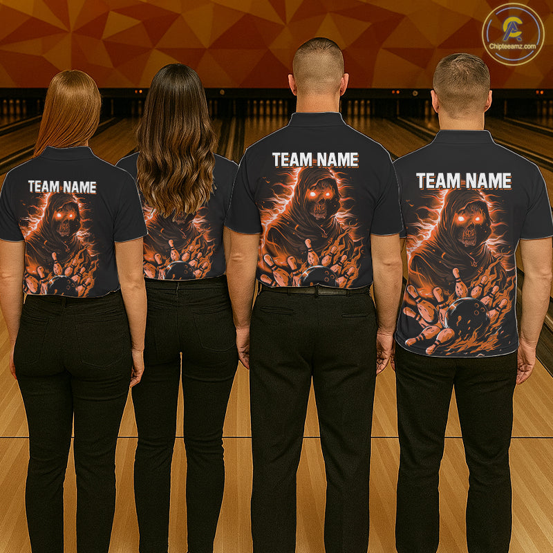 Black And Orange Lightning Grim Reaper Skull Bowling Shirts For Men Custom Bowling Team Jersey TDM7746
