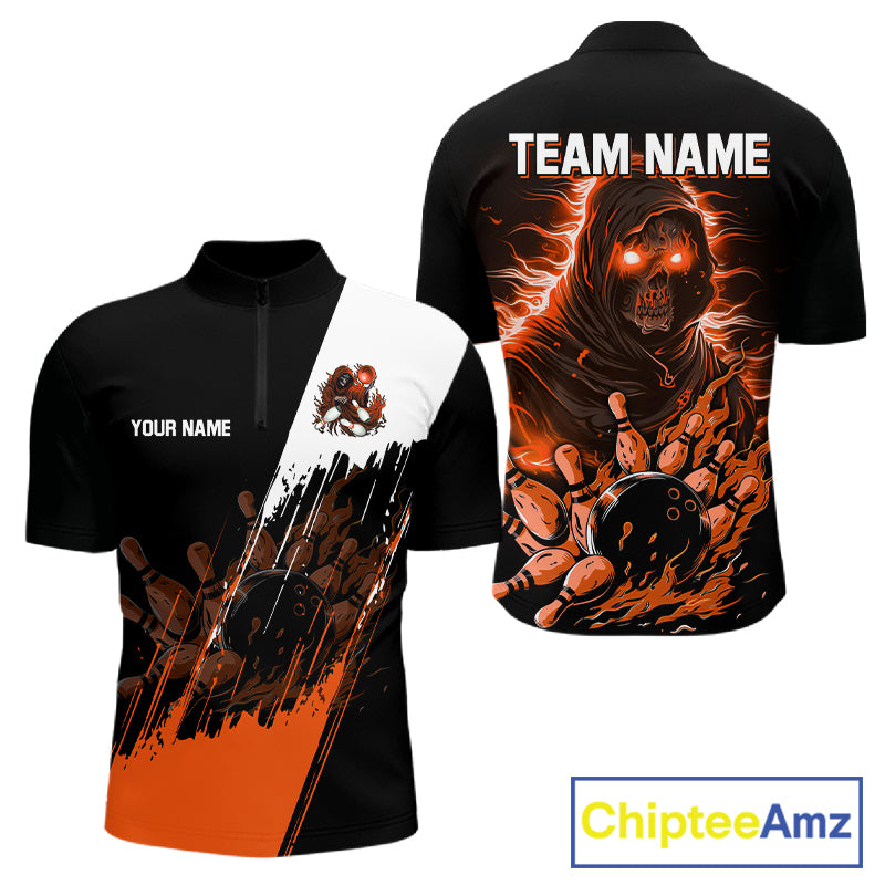 Black And Orange Lightning Grim Reaper Skull Bowling Shirts For Men Custom Bowling Team Jersey TDM7746