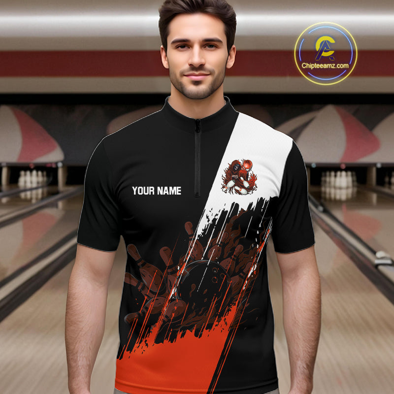 Black And Orange Lightning Grim Reaper Skull Bowling Shirts For Men Custom Bowling Team Jersey TDM7746