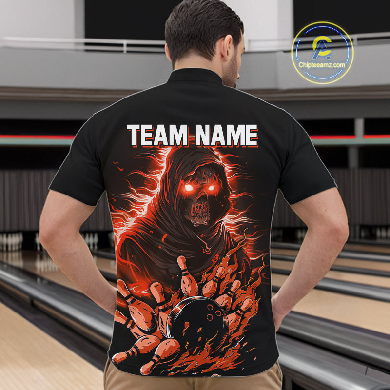 Black And Orange Lightning Grim Reaper Skull Bowling Shirts For Men Custom Bowling Team Jersey TDM7746