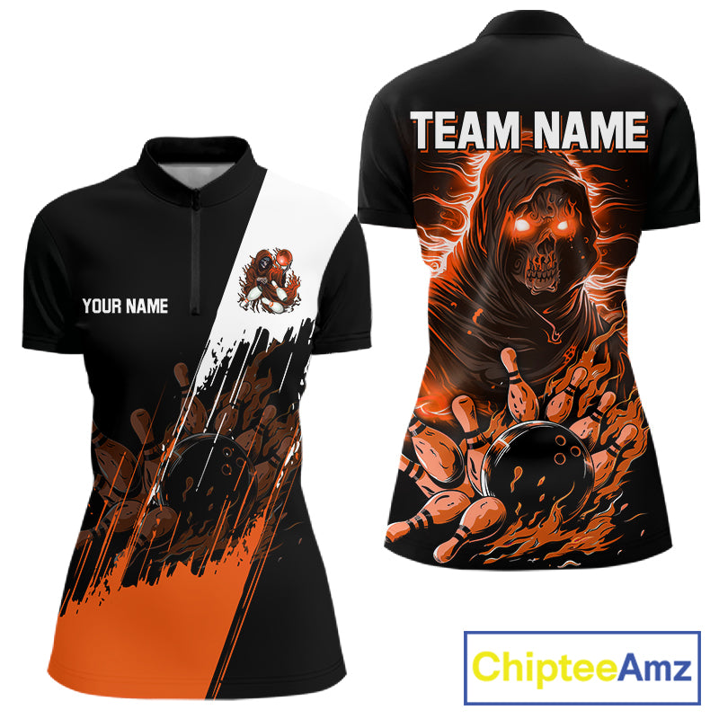 Black And Orange Lightning Grim Reaper Skull Bowling Shirts For Women Custom Bowling Team Jersey TDM7746