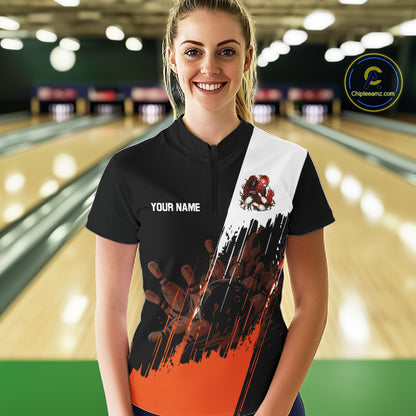 Black And Orange Lightning Grim Reaper Skull Bowling Shirts For Women Custom Bowling Team Jersey TDM7746
