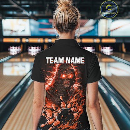 Black And Orange Lightning Grim Reaper Skull Bowling Shirts For Women Custom Bowling Team Jersey TDM7746