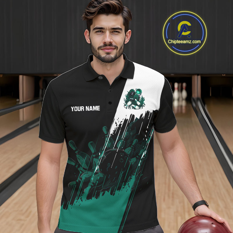 Black And Teal Lightning Grim Reaper Skull Bowling Shirts For Men Custom Bowling Team Jersey TDM7747