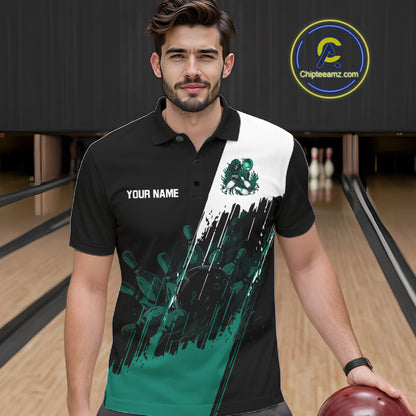 Black And Teal Lightning Grim Reaper Skull Bowling Shirts For Men Custom Bowling Team Jersey TDM7747