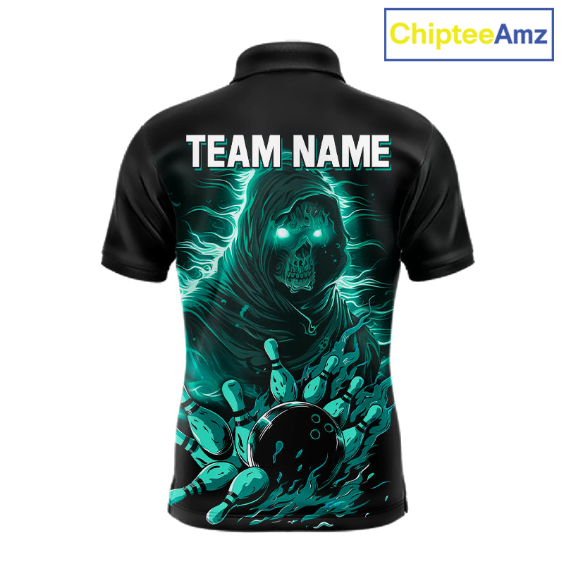 Black And Teal Lightning Grim Reaper Skull Bowling Shirts For Men Custom Bowling Team Jersey TDM7747