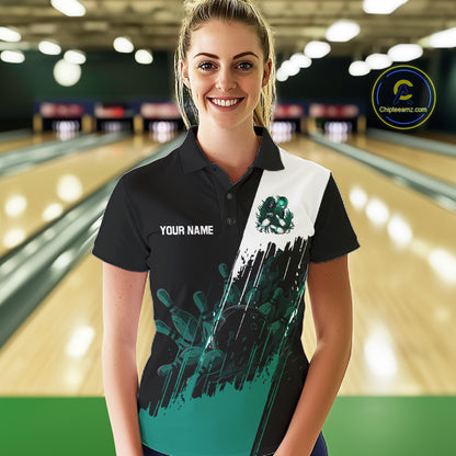 Black And Teal Lightning Grim Reaper Skull Bowling Shirts For Women Custom Bowling Team Jersey TDM7747