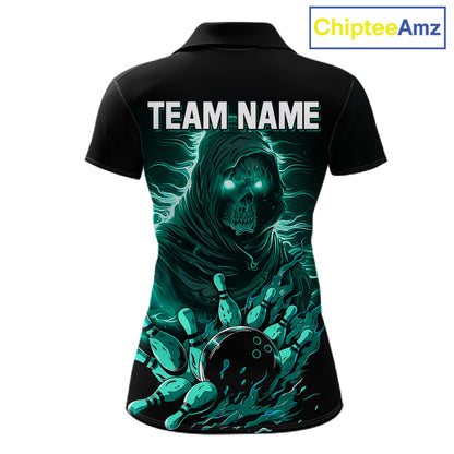 Black And Teal Lightning Grim Reaper Skull Bowling Shirts For Women Custom Bowling Team Jersey TDM7747