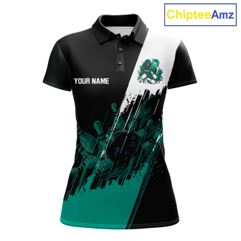 Black And Teal Lightning Grim Reaper Skull Bowling Shirts For Women Custom Bowling Team Jersey TDM7747
