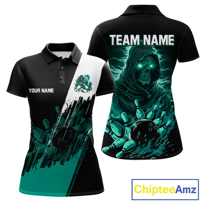 Black And Teal Lightning Grim Reaper Skull Bowling Shirts For Women Custom Bowling Team Jersey TDM7747