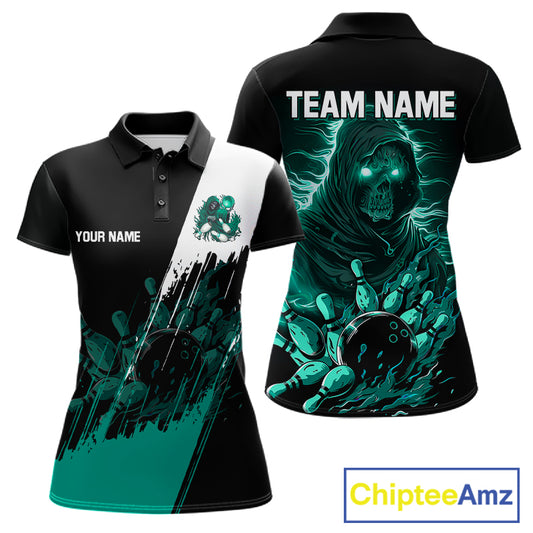 Black And Teal Lightning Grim Reaper Skull Bowling Shirts For Women Custom Bowling Team Jersey TDM7747