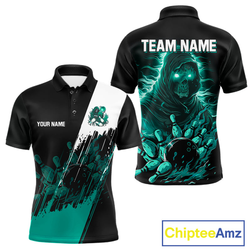 Black And Teal Lightning Grim Reaper Skull Bowling Shirts For Men Custom Bowling Team Jersey TDM7747