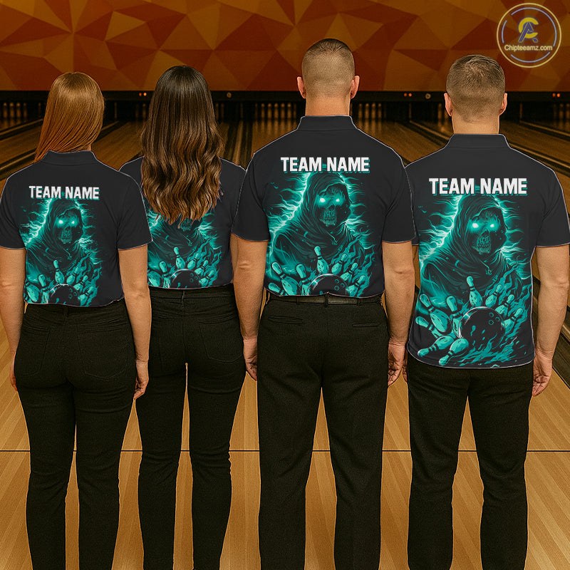Black And Teal Lightning Grim Reaper Skull Bowling Shirts For Men Custom Bowling Team Jersey TDM7747