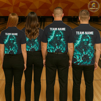 Black And Teal Lightning Grim Reaper Skull Bowling Shirts For Men Custom Bowling Team Jersey TDM7747