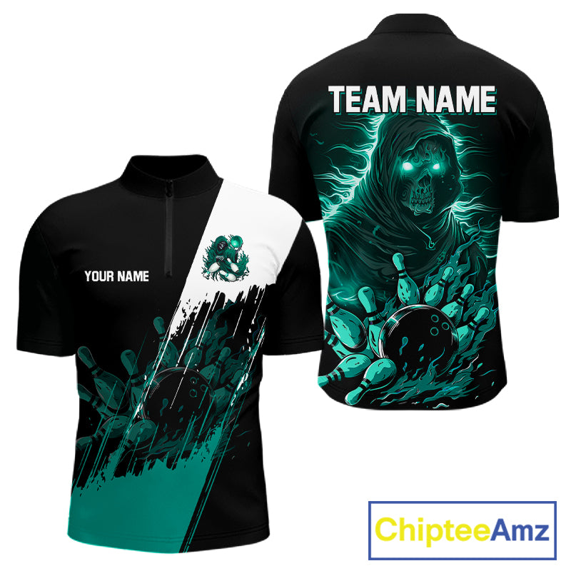 Black And Teal Lightning Grim Reaper Skull Bowling Shirts For Men Custom Bowling Team Jersey TDM7747