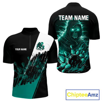 Black And Teal Lightning Grim Reaper Skull Bowling Shirts For Men Custom Bowling Team Jersey TDM7747