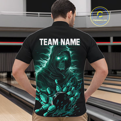 Black And Teal Lightning Grim Reaper Skull Bowling Shirts For Men Custom Bowling Team Jersey TDM7747