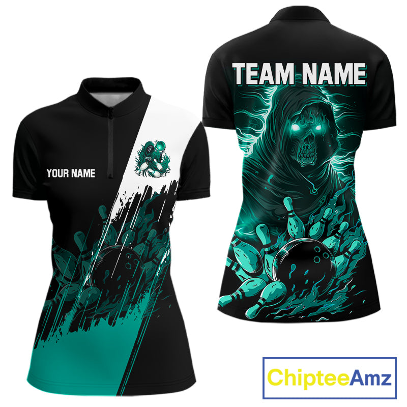 Black And Teal Lightning Grim Reaper Skull Bowling Shirts For Women Custom Bowling Team Jersey TDM7747