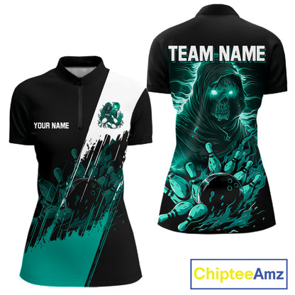 Black And Teal Lightning Grim Reaper Skull Bowling Shirts For Women Custom Bowling Team Jersey TDM7747