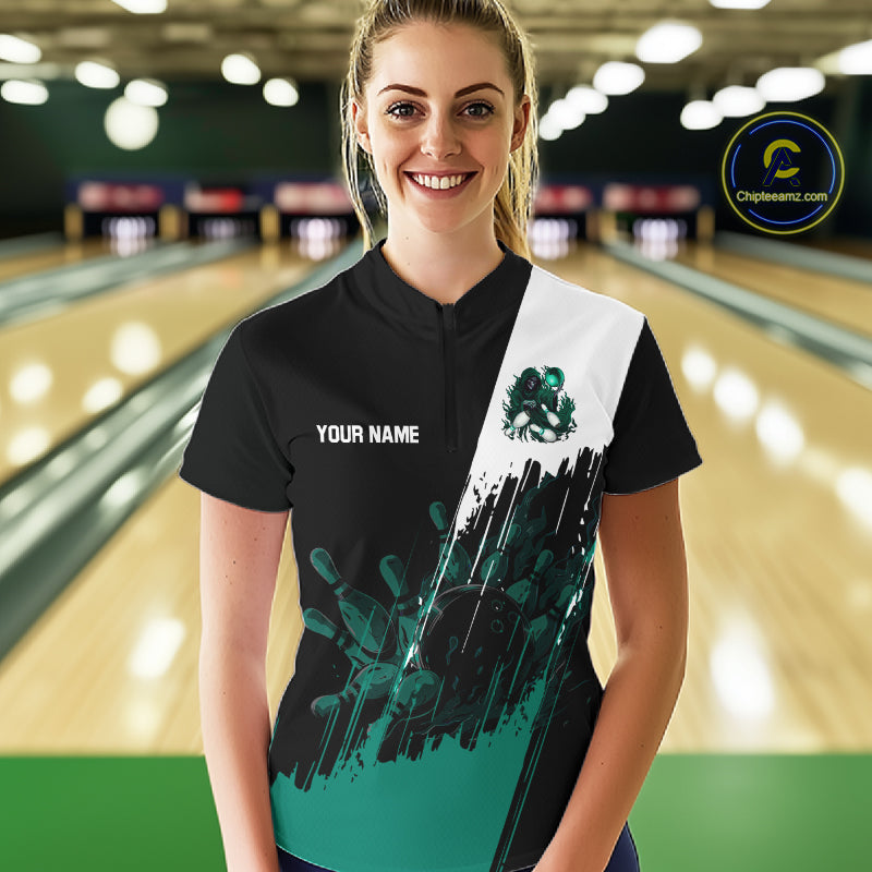 Black And Teal Lightning Grim Reaper Skull Bowling Shirts For Women Custom Bowling Team Jersey TDM7747