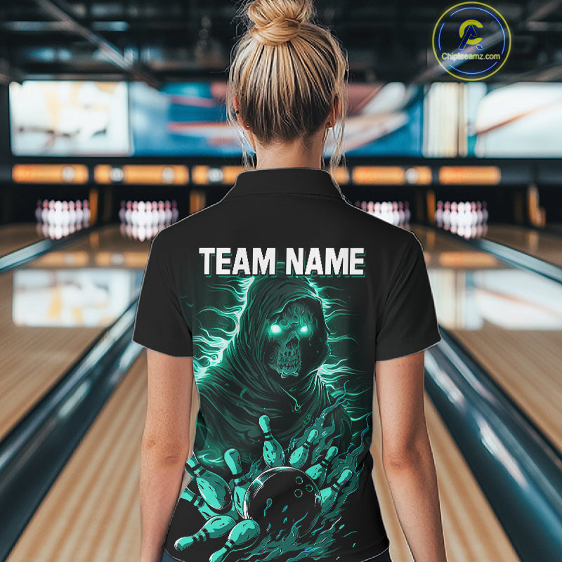 Black And Teal Lightning Grim Reaper Skull Bowling Shirts For Women Custom Bowling Team Jersey TDM7747