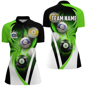 Personalized Billiard Tournament Shirts For Women Custom Team Name Billiard Balls Pool Jerseys |Green TDM2889