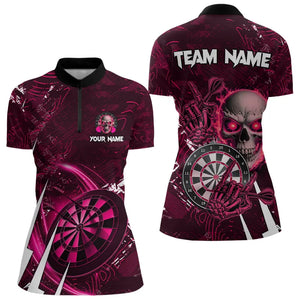 Personalized Pink 3D Skull Darts Polo & 1/4 Zip Shirts For Women Custom Cool Darts League Team Jersey TDM3366