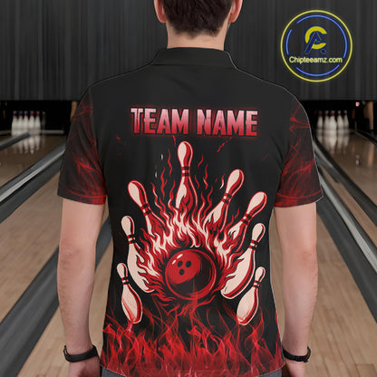 Red Flaming Skull Bowling Shirts For Men Custom Fire Bowling Team Jersey Polo & Quarter Zip TDM5617