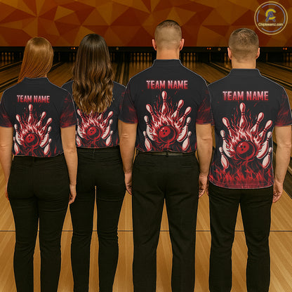 Red Flaming Skull Bowling Shirts For Men Custom Fire Bowling Team Jersey Polo & Quarter Zip TDM5617