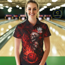 Load image into Gallery viewer, Red Flaming Skull Bowling Shirts For Women Custom Fire Bowling Team Jersey Polo &amp; Quarter Zip TDM5617