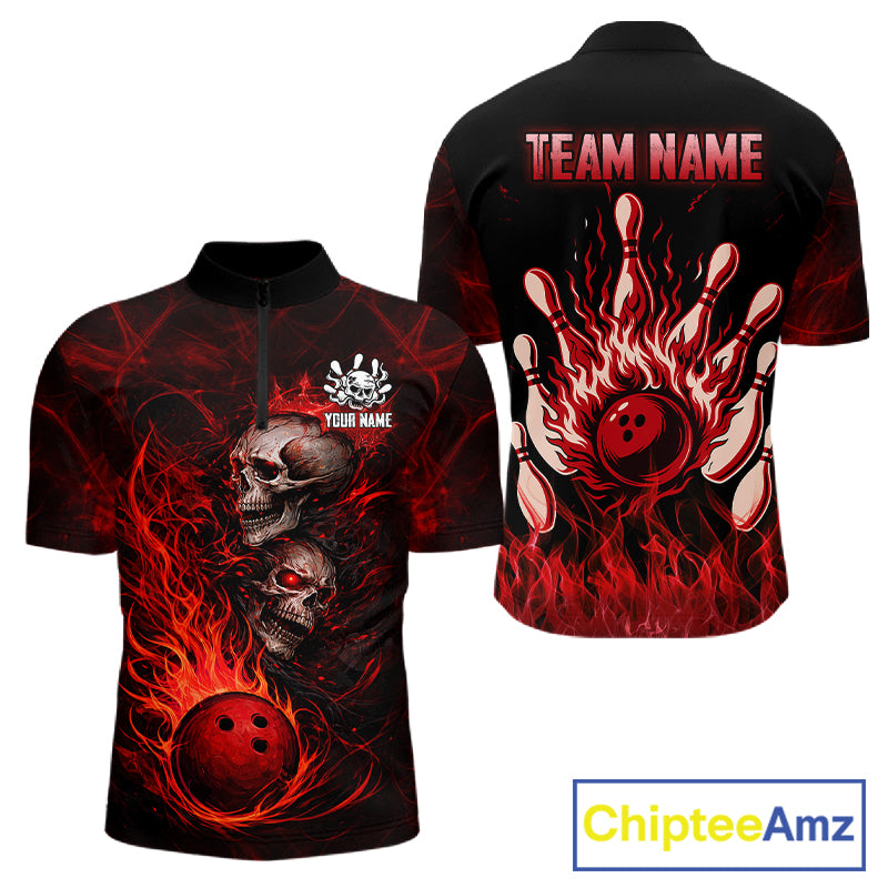 Red Flaming Skull Bowling Shirts For Men Custom Fire Bowling Team Jersey Polo & Quarter Zip TDM5617