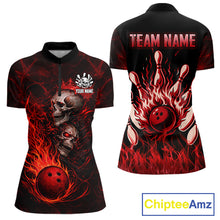 Load image into Gallery viewer, Red Flaming Skull Bowling Shirts For Women Custom Fire Bowling Team Jersey Polo &amp; Quarter Zip TDM5617