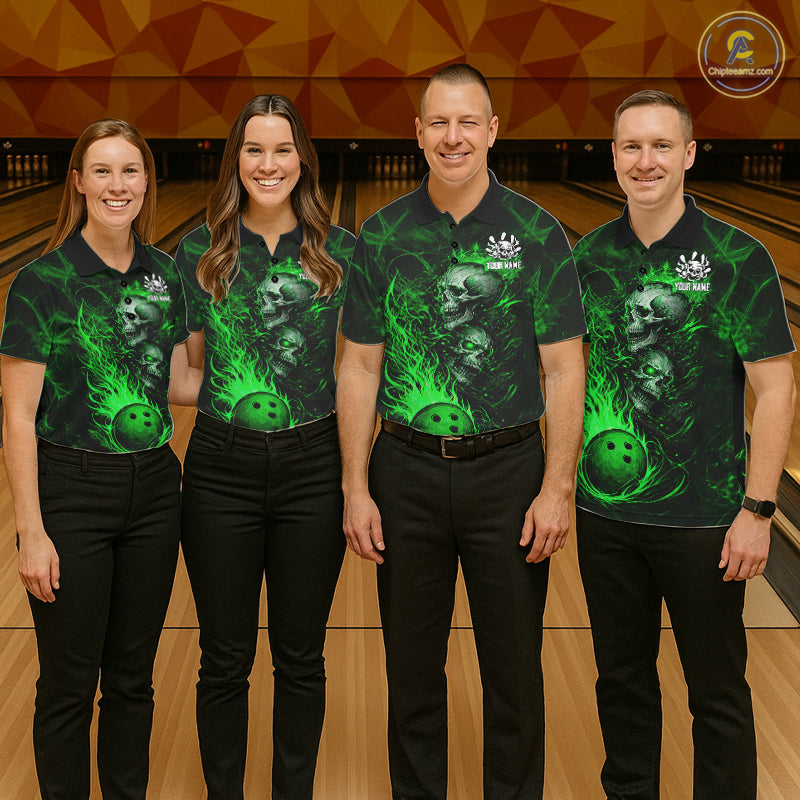 Green Flaming Skull Bowling Shirts For Men Custom Fire Bowling Team Jersey Polo & Quarter Zip TDM5618