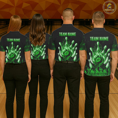 Green Flaming Skull Bowling Shirts For Men Custom Fire Bowling Team Jersey Polo & Quarter Zip TDM5618