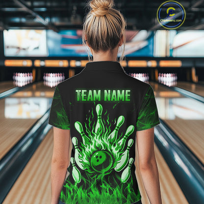 Green Flaming Skull Bowling Shirts For Women Custom Fire Bowling Team Jersey Polo & Quarter Zip TDM5618