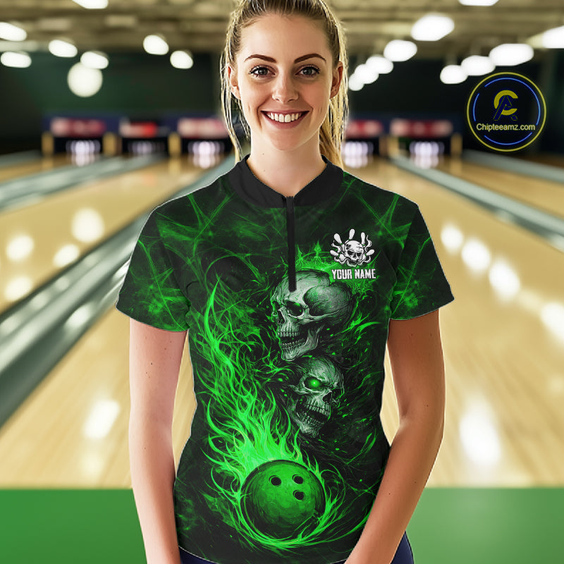 Green Flaming Skull Bowling Shirts For Women Custom Fire Bowling Team Jersey Polo & Quarter Zip TDM5618